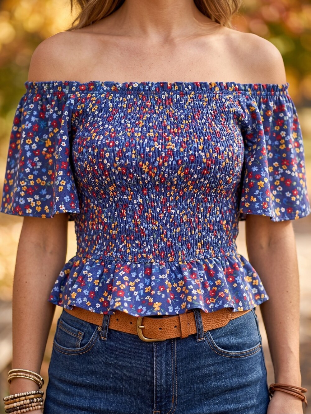 Tommy Hilfiger Cottagecore Smocked Floral Peasant Top Prairie Ditsy Blouse